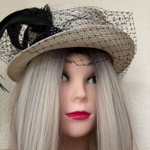 Vintage Straw Hat Miss Bierner Feathers Veil